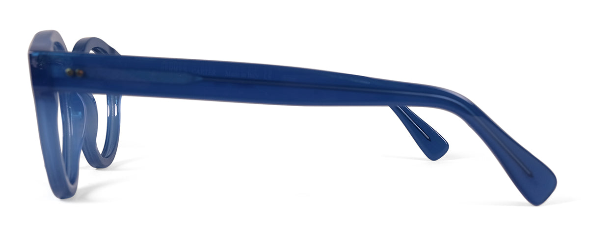 Blue translucent Benny's Eyewear Carter reading glasses with clear lenses and sleek design.