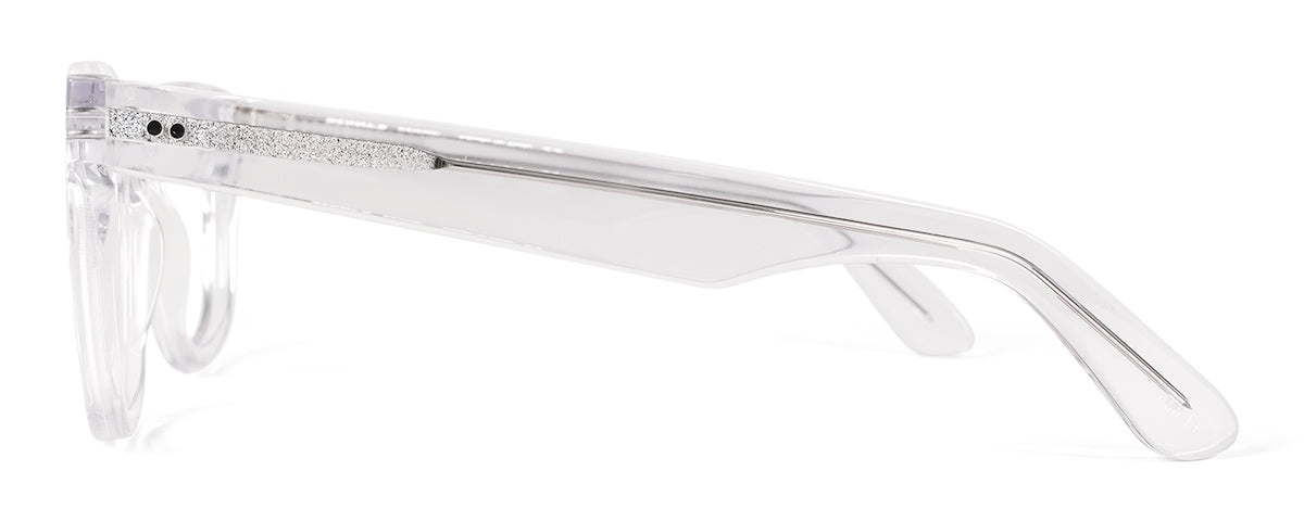 Clear crystal Eddie reading glasses by Benny's Eyewear with side profile view showing stylish frame and lenses