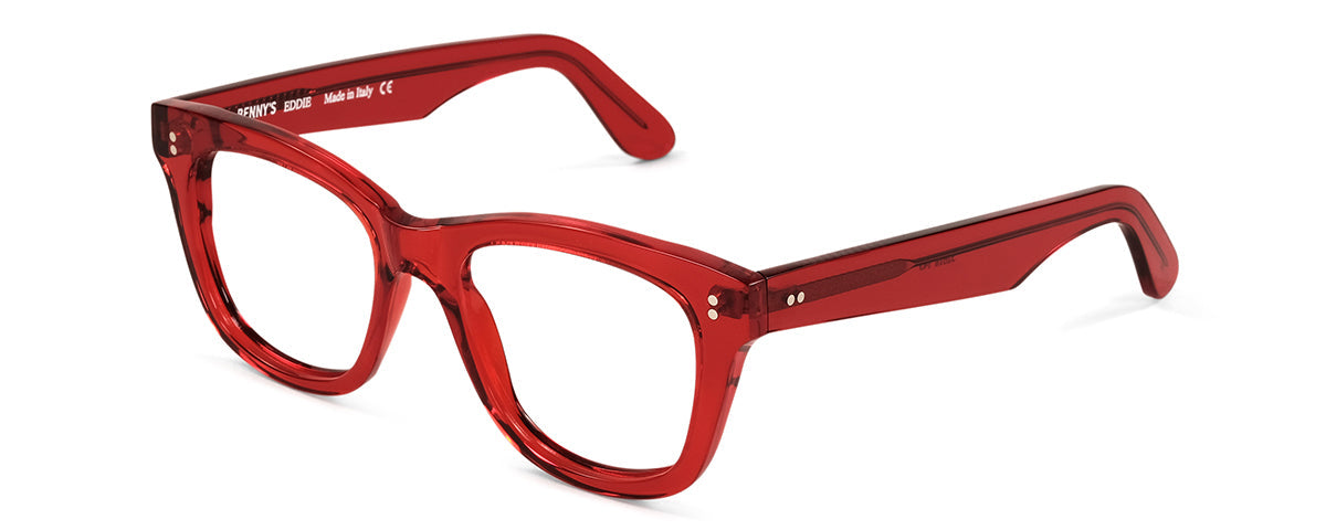 Red Eddie reading glasses from Benny's Eyewear shown at an angle, featuring a sleek design and clear lenses.
