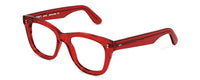 Red Eddie reading glasses from Benny's Eyewear shown at an angle, featuring a sleek design and clear lenses.