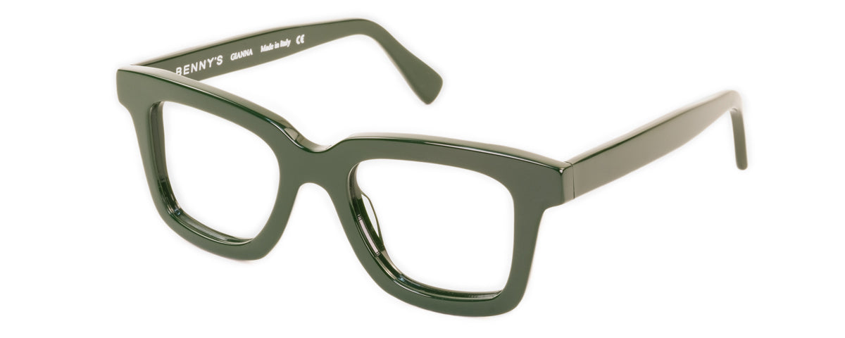 Green Gianna reading glasses by Benny's Eyewear with clear lenses and stylish frame, designed for comfortable reading.