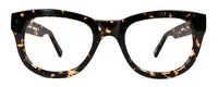 Benny's Eyewear Elliot reading glasses with spotted tortoise frames and 1.00 magnification, close-up view of stylish eyewear.
