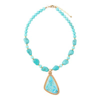 Blue turquoise triangle pendant necklace with gold accents from Barse Jewelry, featuring a stylish and elegant design.