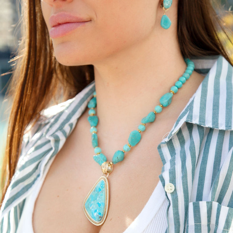 Blue turquoise triangle pendant necklace with gold chain from Barse Jewelry, showcasing a stylish boho jewelry design.