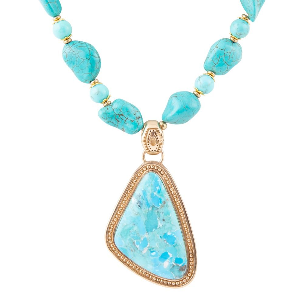 Blue turquoise triangle pendant necklace by Barse Jewelry featuring a golden chain and vibrant gemstone design.