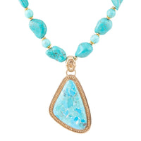 Blue turquoise triangle pendant necklace by Barse Jewelry featuring a golden chain and vibrant gemstone design.