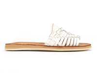 White Huarache Peep-Toe Slides by Bottomless Co. with open toe design and woven strap details for casual summer wear.