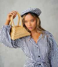BrunnaCo pyramid beaded tote bag in toasted beige with geometric bead detailing for stylish carry.