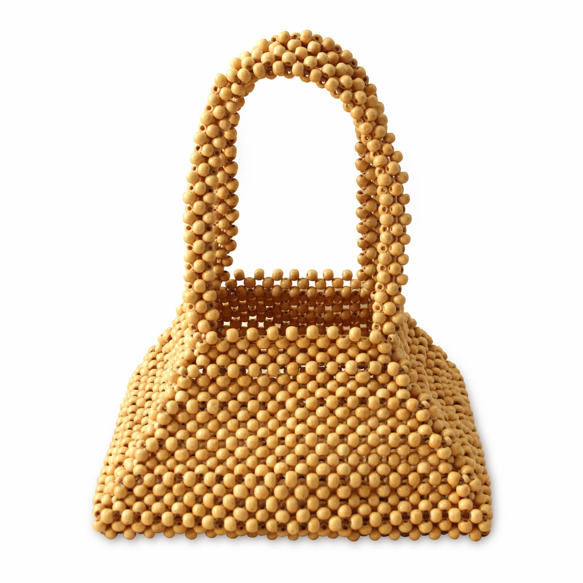 Beige pyramid beaded tote bag by BrunnaCo featuring geometric bead design and sturdy tote handles.