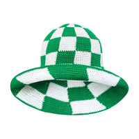 Green and white checkered crochet hat by BrunnaCo, The Shilo style, featuring a cozy, stylish design in a small size.
