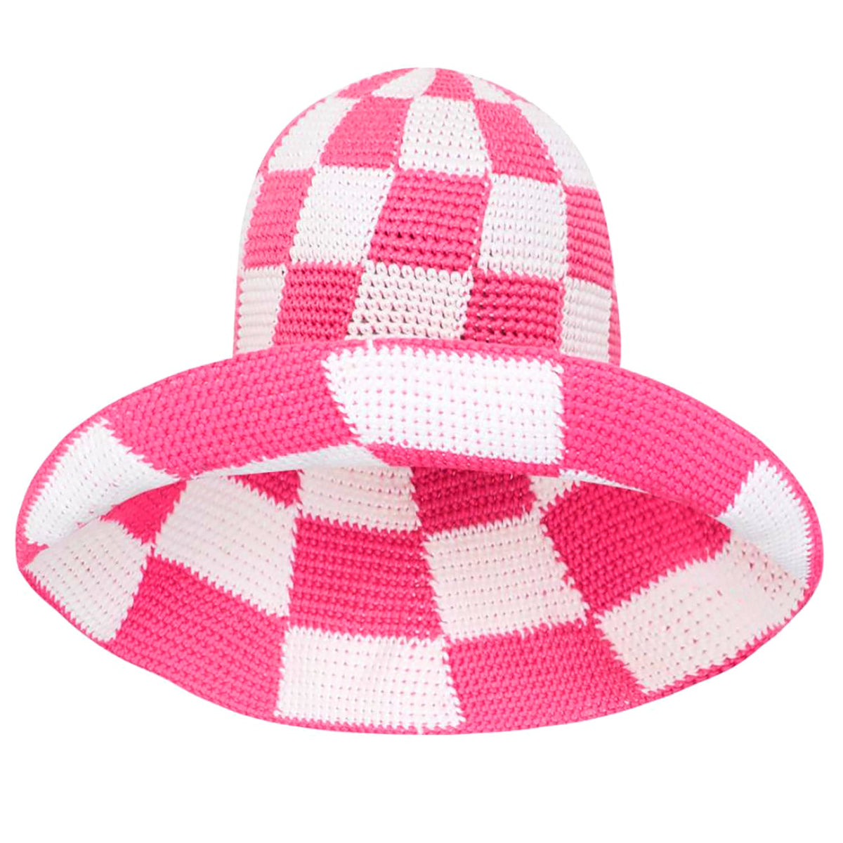 Pink and white checkered crochet hat by BrunnaCo, featuring a stylish and cozy design perfect for casual wear.