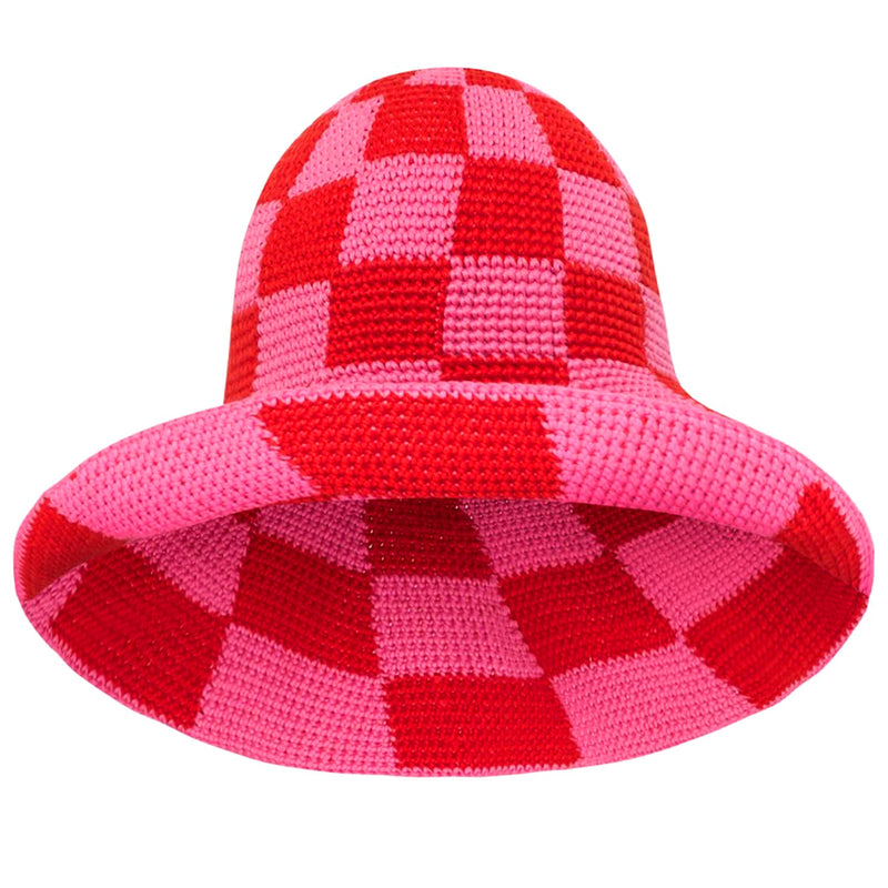 BrunnaCo Shilo checkered crochet hat in red and pink with a cozy, stylish design for women.