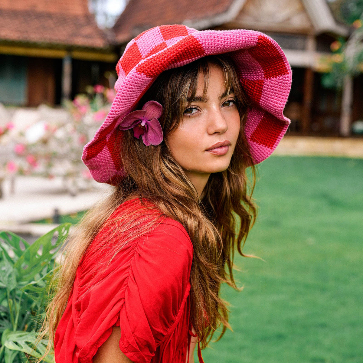 Red and pink checkered crochet hat by BrunnaCo, lightweight and stylish Shilo design in a small size.
