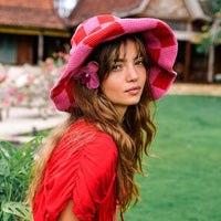 Red and pink checkered crochet hat by BrunnaCo, lightweight and stylish Shilo design in a small size.