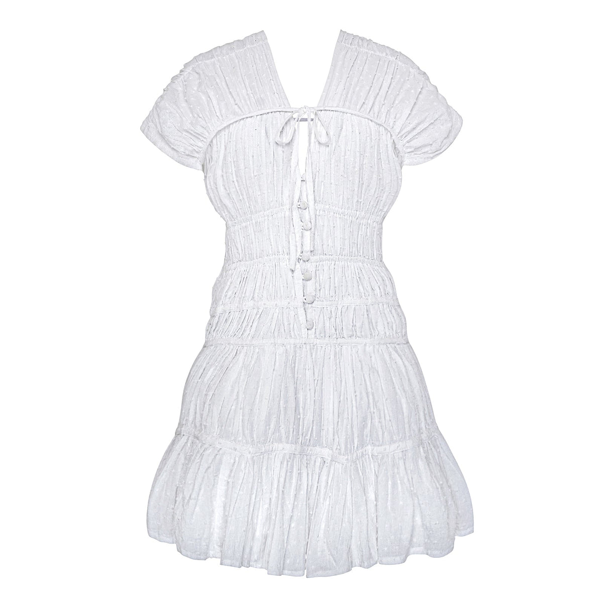 White The Srikandi Mini Ruffle Dress by BrunnaCo, featuring ruffled details and a stylish mini length, displayed on a hanger.