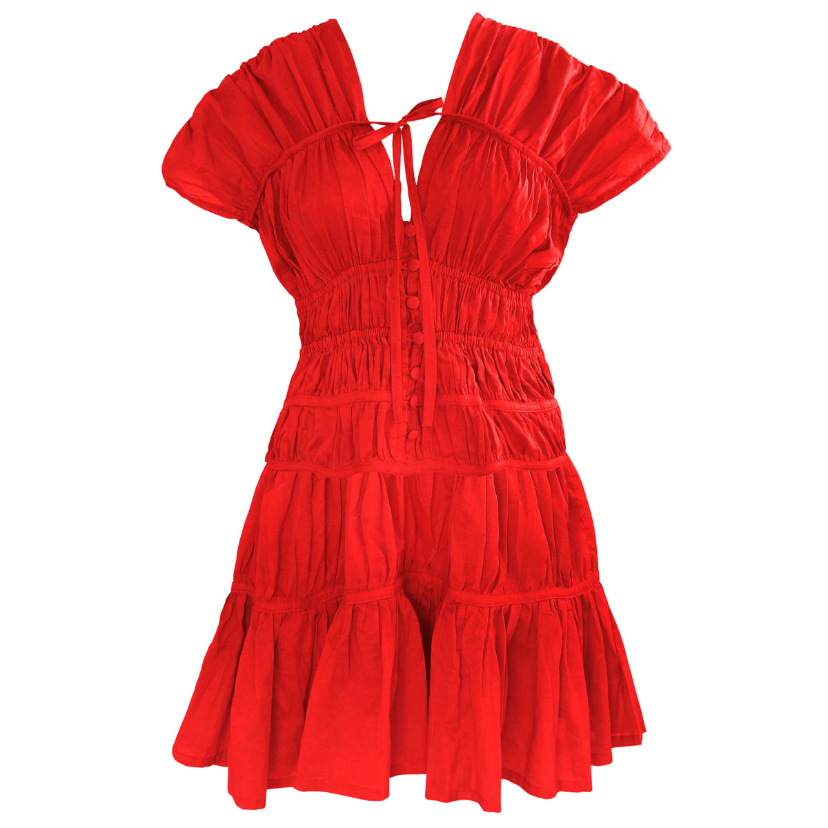 BrunnaCo Srikandi Ruffle Dress in vibrant scarlet red with flowing ruffles and a flattering fit, perfect for stylish occasions.