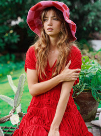 BrunnaCo Srikandi Ruffle Dress in scarlet red, featuring flowing fabric and ruffle details, perfect for elegant occasions.
