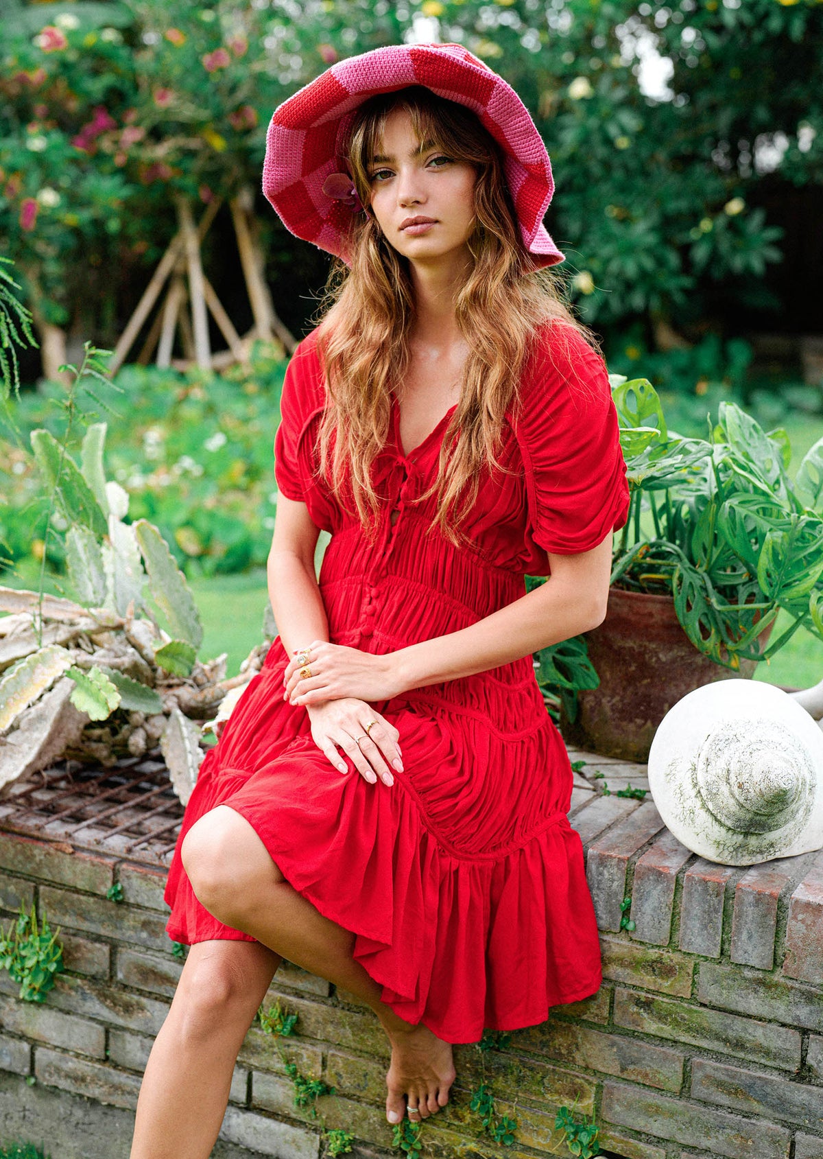 BrunnaCo The Srikandi Ruffle Dress in Scarlet Red, featuring ruffled details and a flowing design, perfect for elegant occasions.