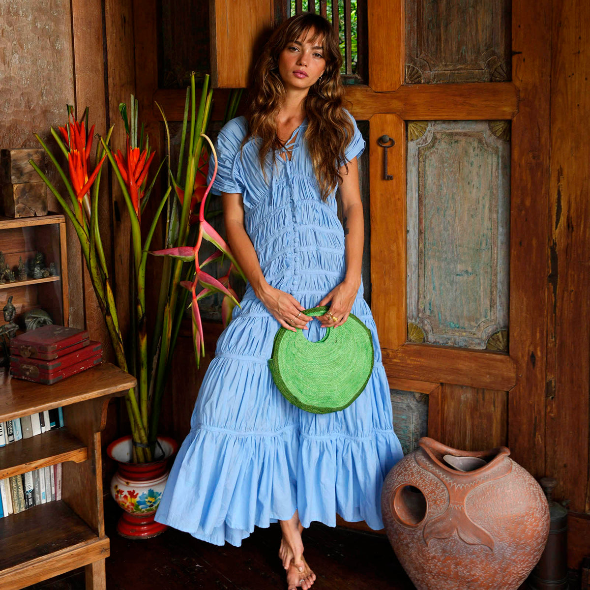 BrunnaCo Srikandi Ruffle Maxi Dress in Princess Blue showing flowing fabric and ruffle details on a full-length dress.
