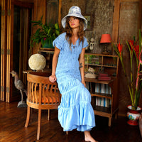 BrunnaCo Srikandi Ruffle Maxi Dress in vibrant princess blue, flowing fabric, ruffle details, perfect for elegant summer occasions.