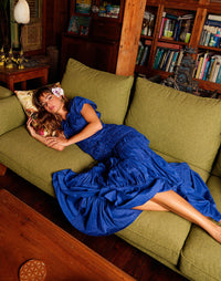 Royal blue Srikandi Ruffle Maxi Dress by BrunnaCo, featuring flowing fabric and elegant ruffle details.