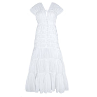White Srikandi Ruffle Maxi Dress by BrunnaCo featuring flowing fabric and ruffle details, perfect for elegant summer wear.