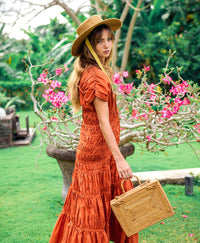 BrunnaCo RAHAYU Atta Rattan Bag in mocca brown with woven rattan design and leather strap, stylish handbag for casual wear.