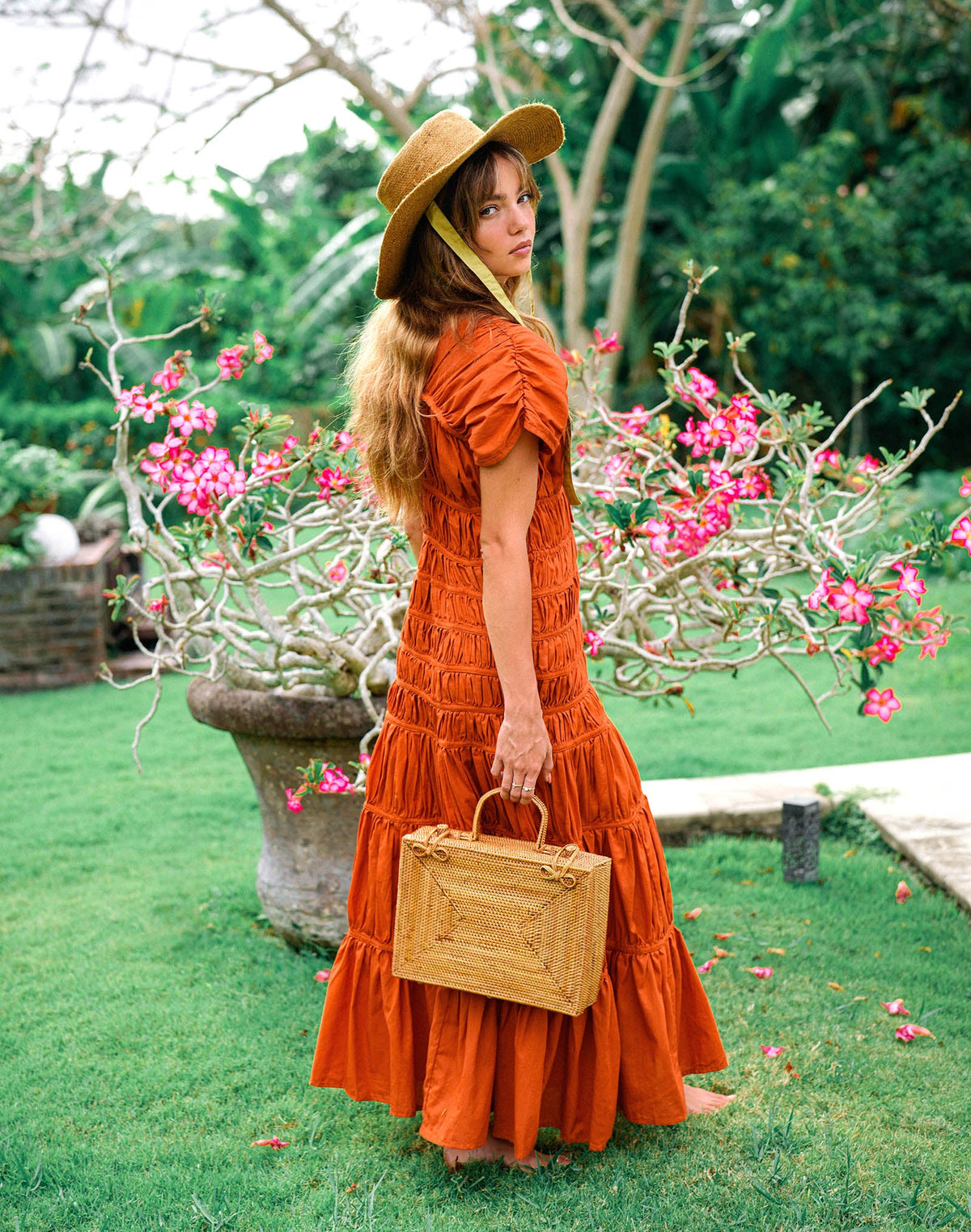 Rahayu Atta rattan handbag in mocca brown with woven design, by BrunnaCo. Handcrafted natural rattan purse for casual or stylish use.