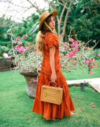 Rahayu Atta rattan handbag in mocca brown with woven design, by BrunnaCo. Handcrafted natural rattan purse for casual or stylish use.
