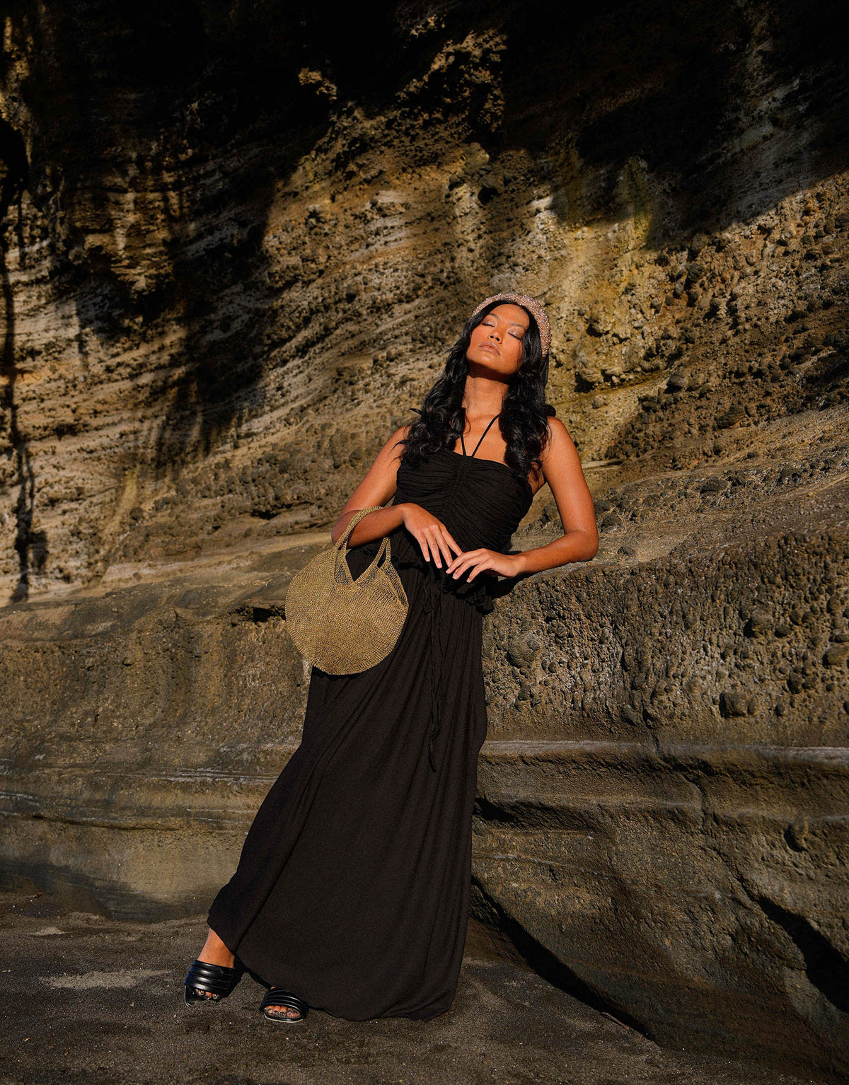Dark gold Sol Mesh Wire Tote Bag by BrunnaCo featuring a lightweight, open-wire design and sturdy handles.