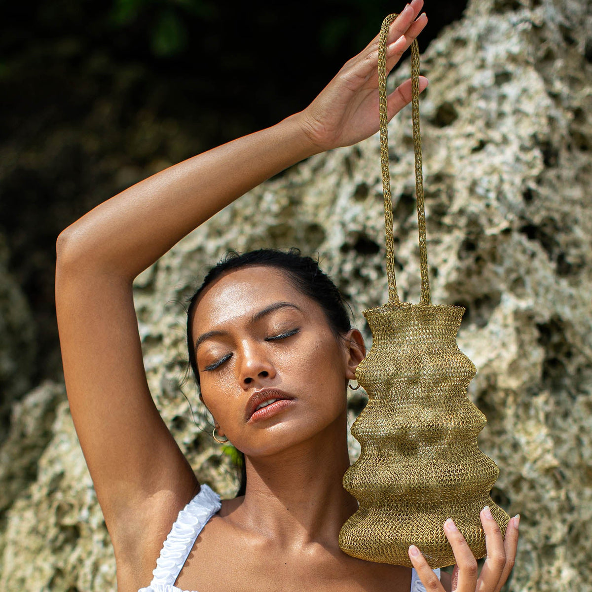 BrunnaCo SHELL handwoven wire bag in dark gold with mesh design, stylish handbag for modern fashion accessories.