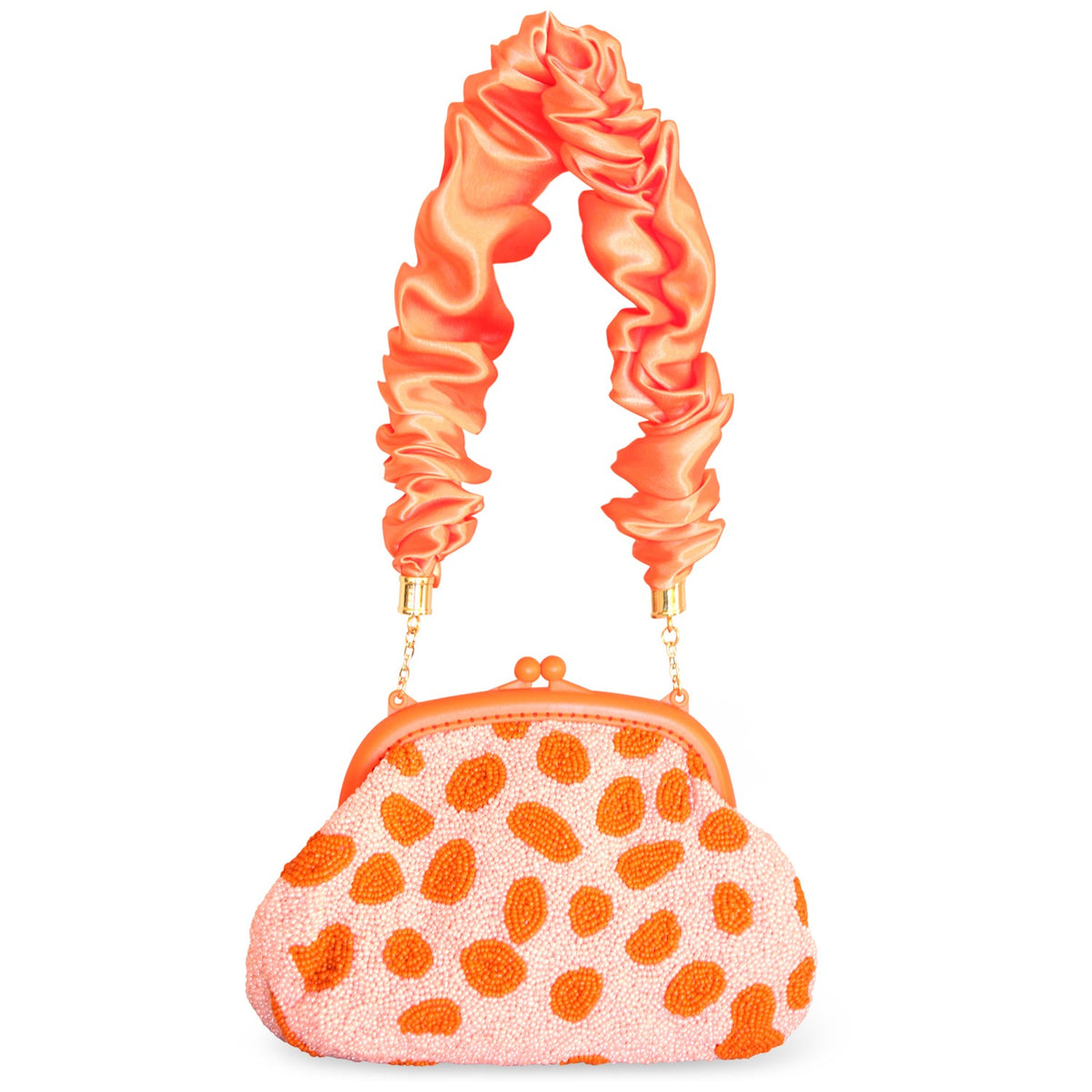 BrunnaCo Arnoldi Peachpuff clutch bag in orange and peach with glass bead detailing, perfect for elegant occasions.