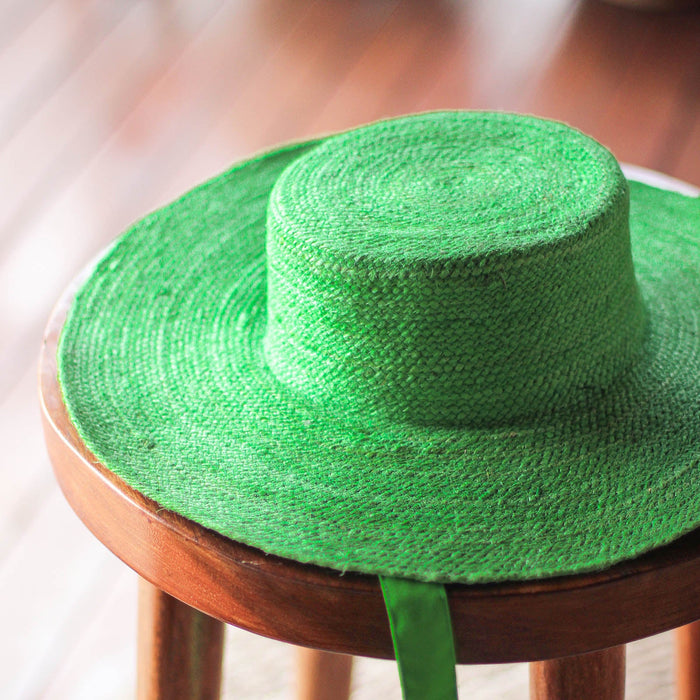 BrunnaCo The Loli Jute Sun Hat in green, lightweight and stylish with wide brim for sun protection.