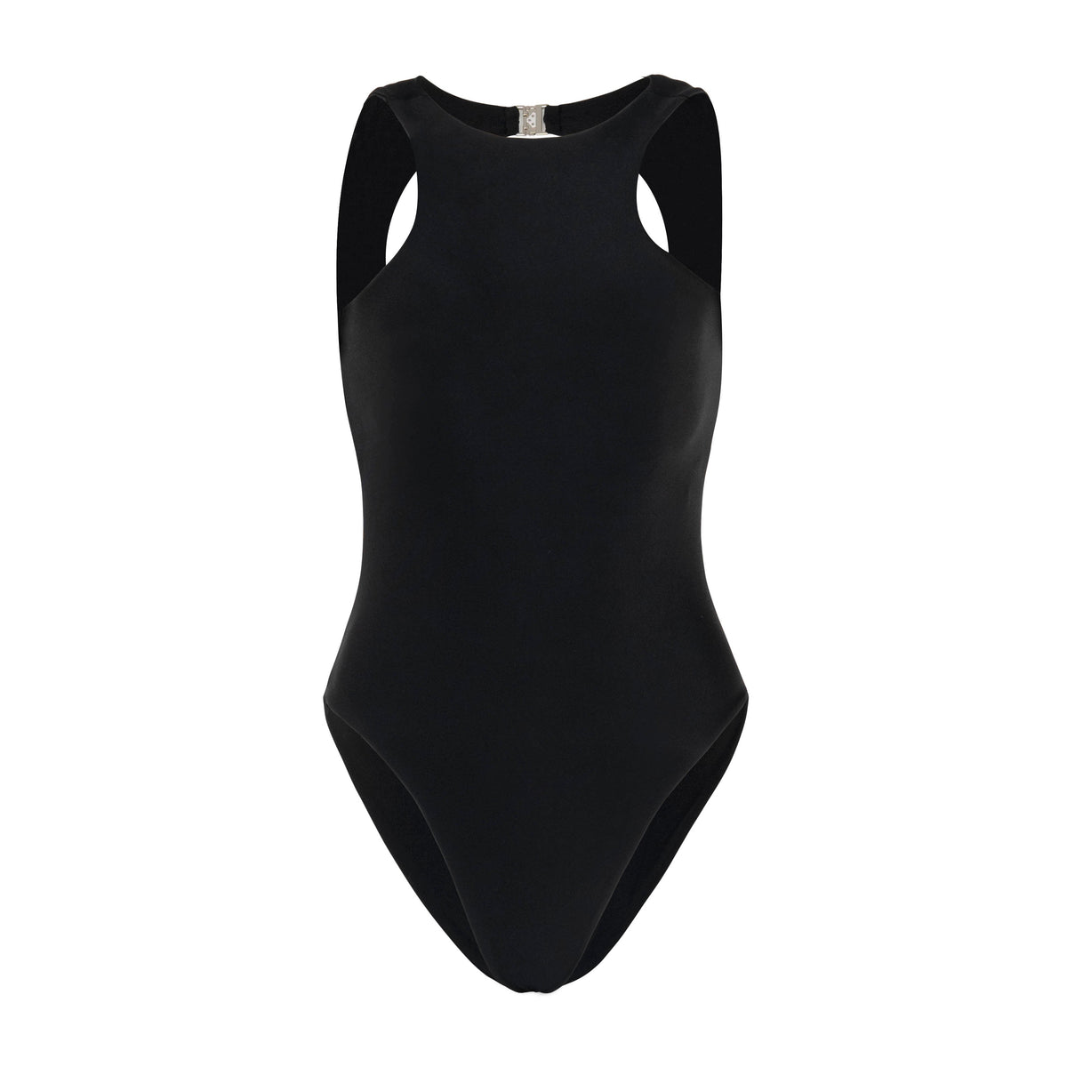 BrunnaCo Jupiter open-back recycled black one-piece swimsuit for women, featuring a sleek design and eco-friendly fabric.