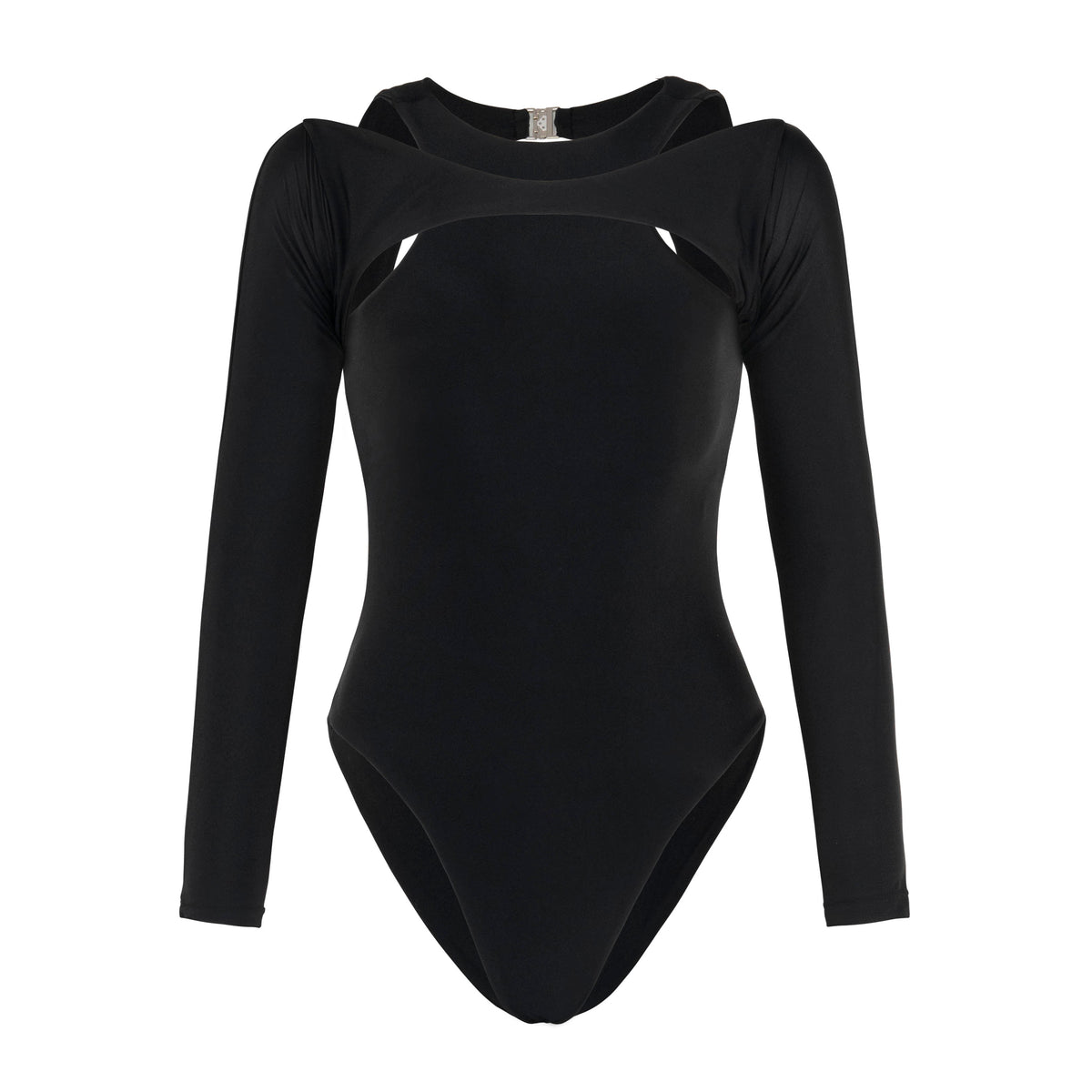Black Jupiter open-back recycled two-piece swimsuit by BrunnaCo, featuring a stylish design and eco-friendly fabric.