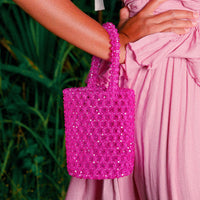 BrunnaCo Antonia crystal beads hot pink tote bag with bucket style and fashionable design, featuring intricate bead details.