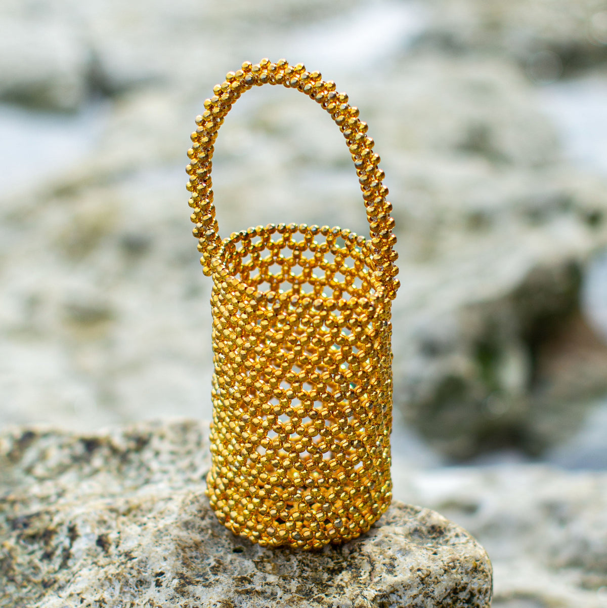 BrunnaCo GOLDA metallic beads tote bag in gold with a structured shape and chain strap, stylish accessory for modern outfits.