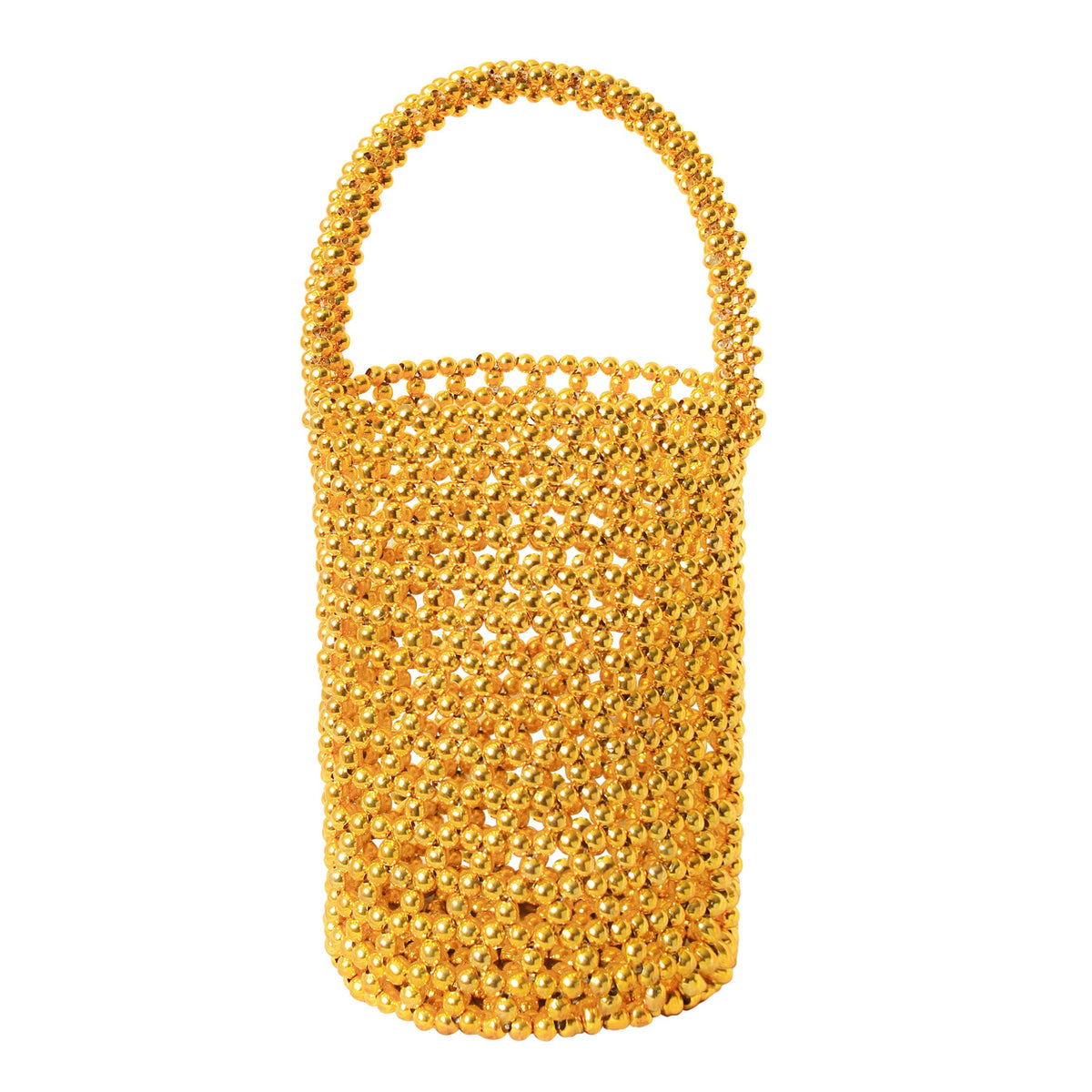 BrunnaCo GOLDA metallic beads bucket tote bag in gold with a rounded shape and stylish handle, perfect for fashionable accessories.