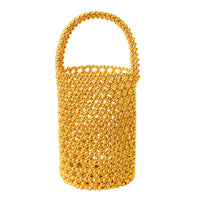 BrunnaCo GOLDA metallic beads bucket tote bag in gold with a rounded shape and stylish handle, perfect for fashionable accessories.