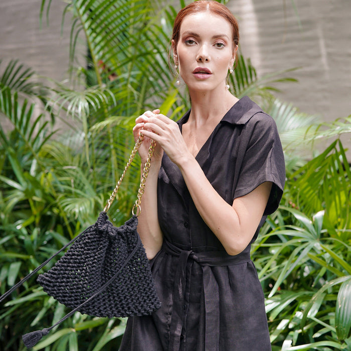 Black LYON macrame tote bag by BrunnaCo, featuring intricate knot details and sturdy handles for everyday use.