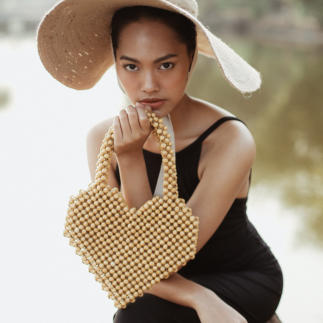 BrunnaCo Hati Heart wood-beaded tote bag with natural wood beads, large size, stylish and eco-friendly accessory.