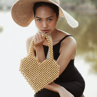 BrunnaCo Hati Heart wood-beaded tote bag with natural wood beads, large size, stylish and eco-friendly accessory.