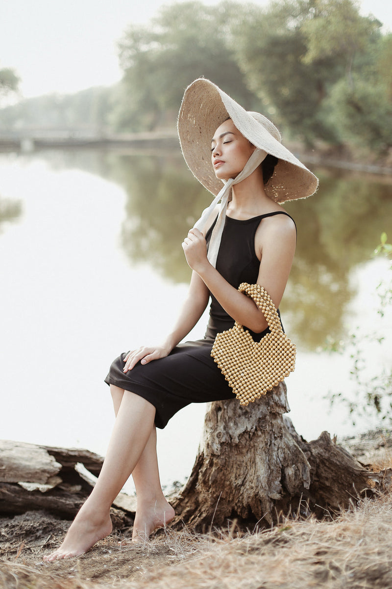 BrunnaCo Hati Heart Wood-Beaded Tote Bag with natural wood beads, stylish spacious tote bag for everyday use.