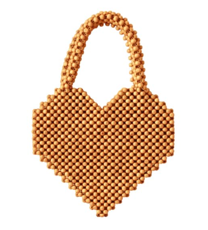BrunnaCo Hati Heart wood-beaded tote bag with natural wood beads, large tote style, featuring a heart design on the front.