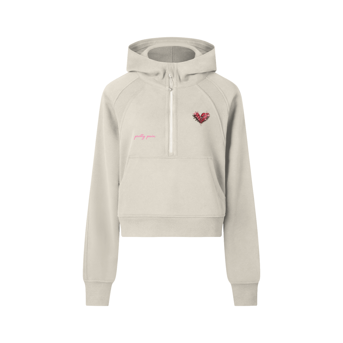Women’s cropped PRETTY PAIN half-zip hoodie by Built From Pain, shown in black with a front half-zip and relaxed fit.