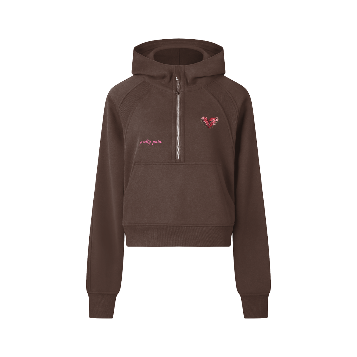 Women’s cropped hoodie by Built From Pain featuring a half-zip front and stylish design.