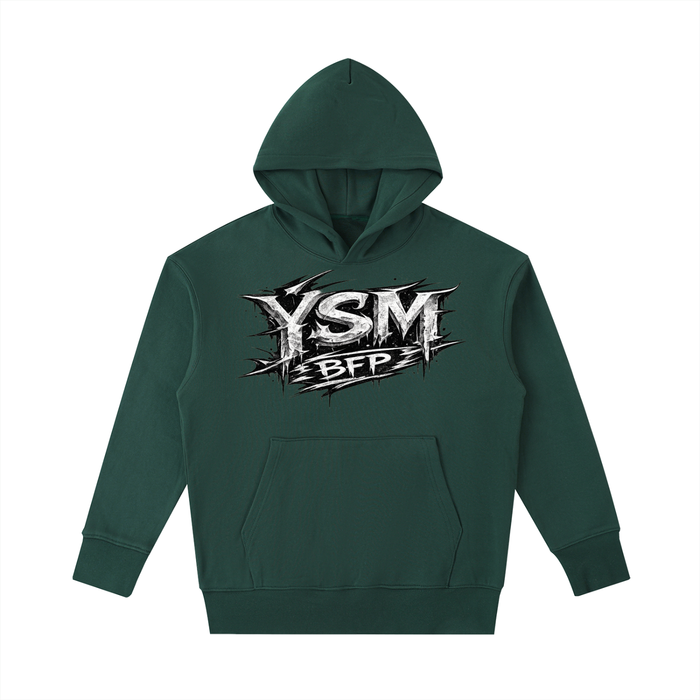 Built From Pain YSM Essential Heavyweight Cotton Hoodie in gray, showing front view with hood and logo detail.