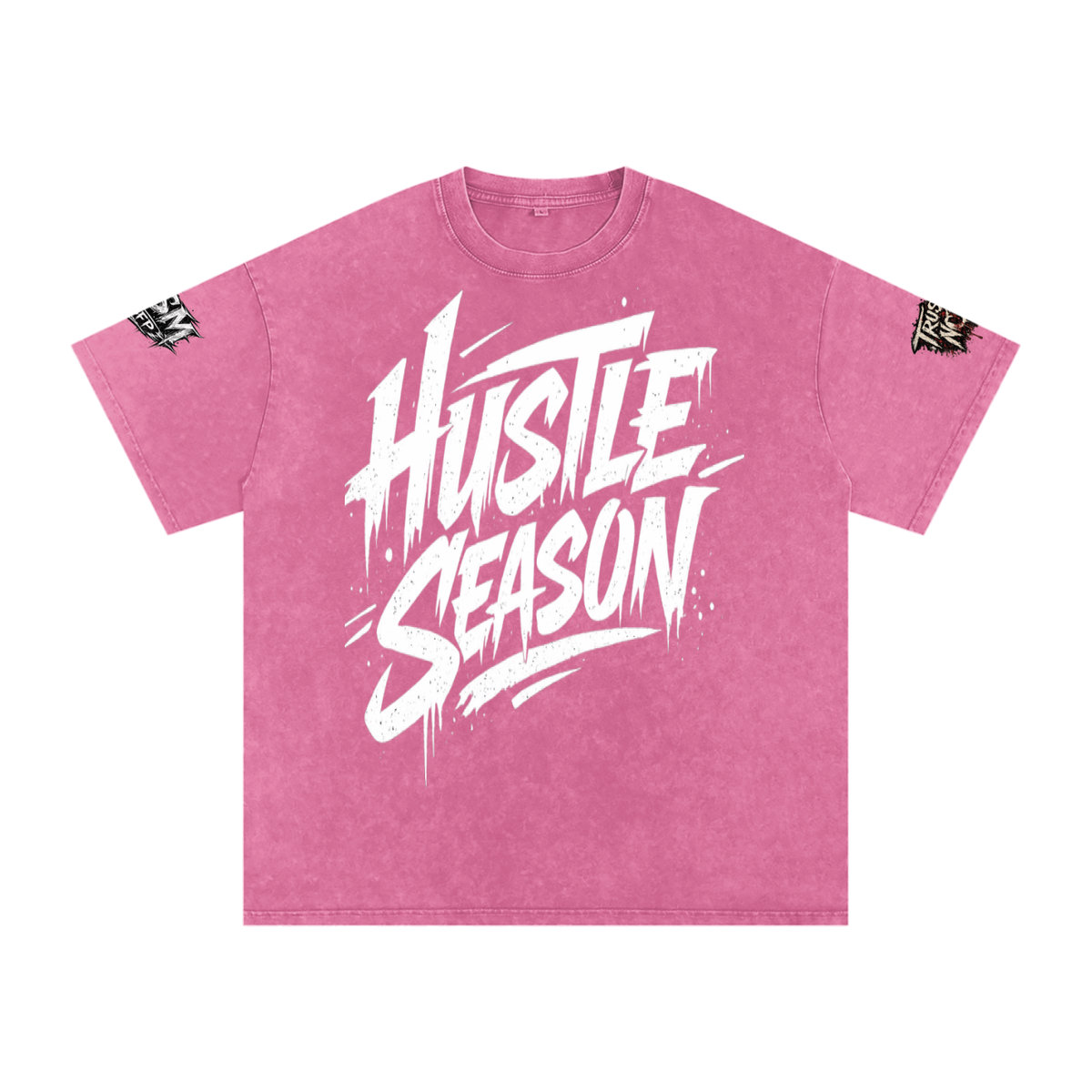 Built From Pain Hustle Season Snow Washed Oversized Cotton T-Shirt displayed with a relaxed fit and soft snow-washed fabric.