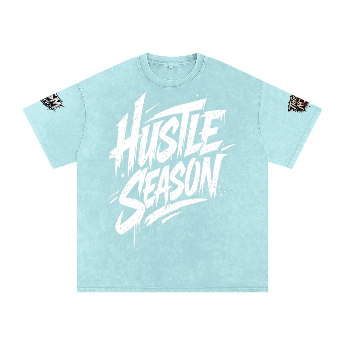 Built From Pain Hustle Season Snow Washed Oversized Cotton T-Shirt, soft white fabric with a relaxed fit and subtle branding.