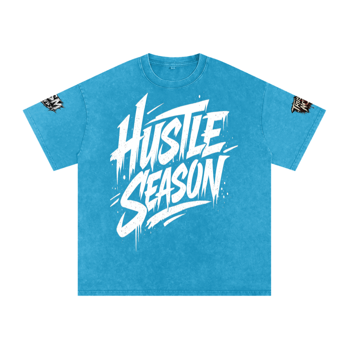 Built From Pain Hustle Season snow washed oversized cotton T-shirt shown in natural beige fabric with relaxed fit and casual style.